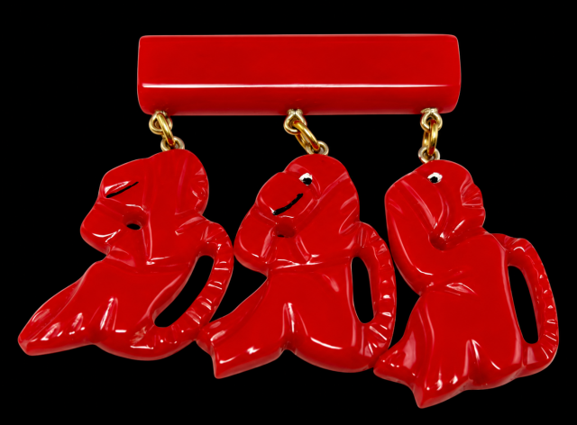 Shultz red bakelite see no evil monkeys pin